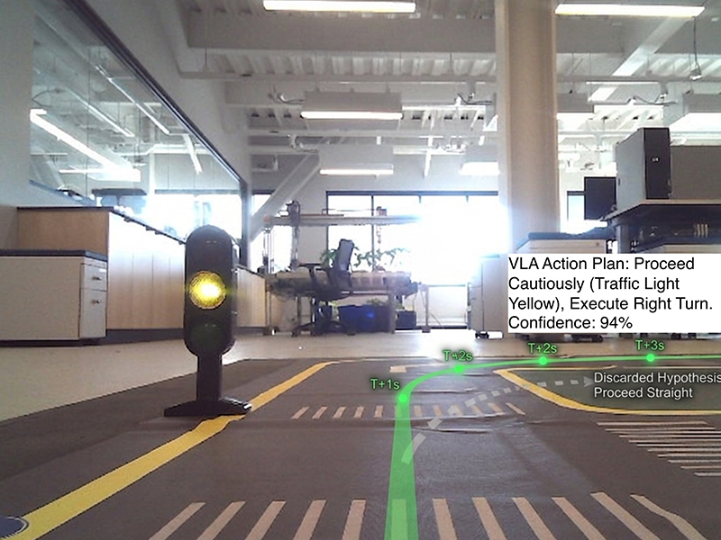 Low-angle view of a miniature track inside an office. A small model traffic light glows yellow on the left. A green line overlay maps a path curving right, accompanied by text detailing a VLA action plan and confidence score.