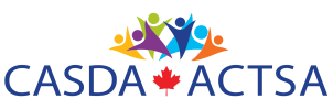 Logo for the Canadian Autism Spectrum Disorder Alliance includes the English and French acronyms, a red maple leaf between them, and a rainbow coloured graphic of people reaching skywards.