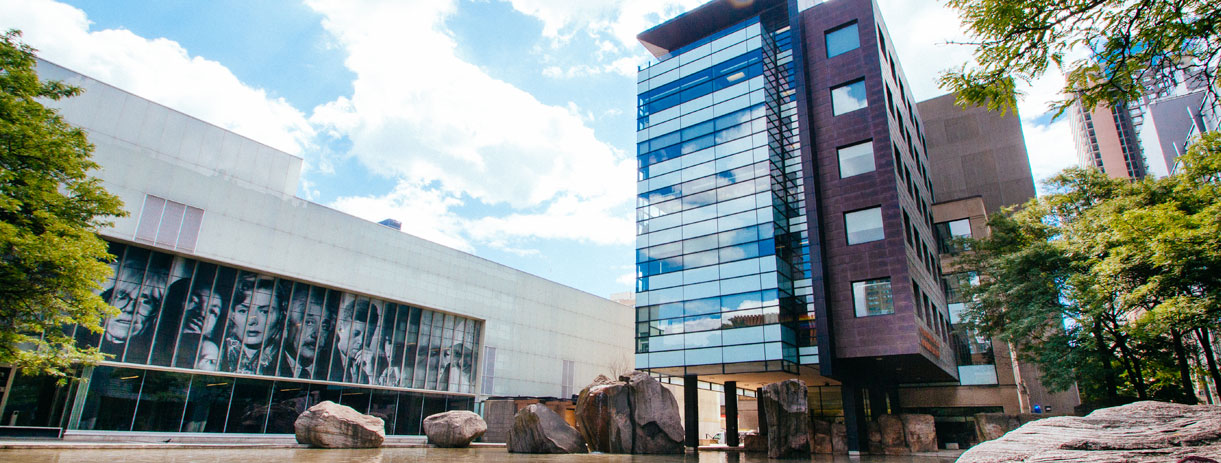 View of Heaslip House and TMU's Image Centre from Lake Devo.