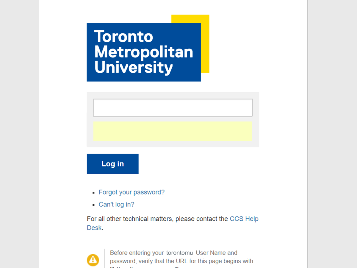 Login page for my.torontomu.ca