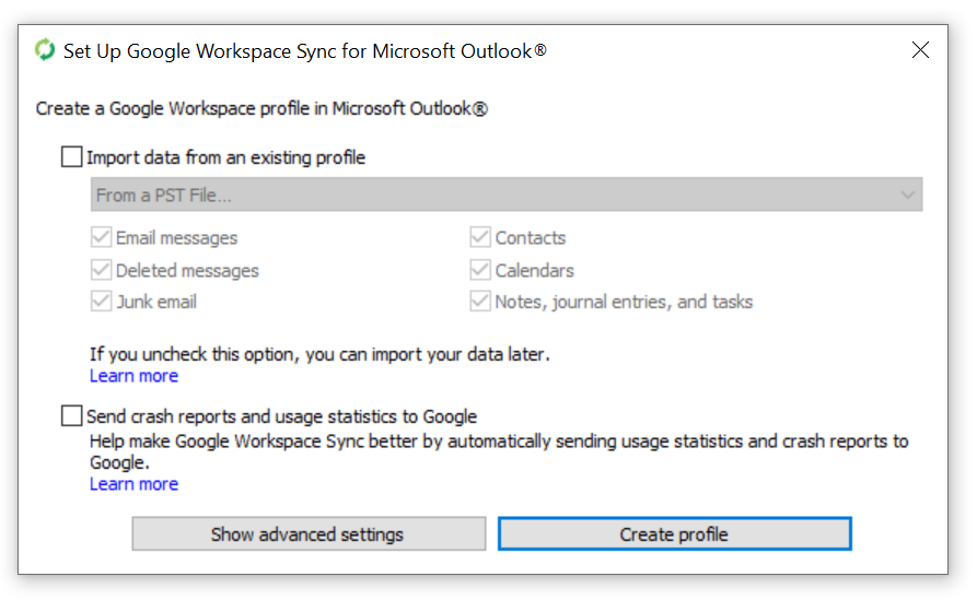 Create a Google workspace profile in Microsoft Outlook