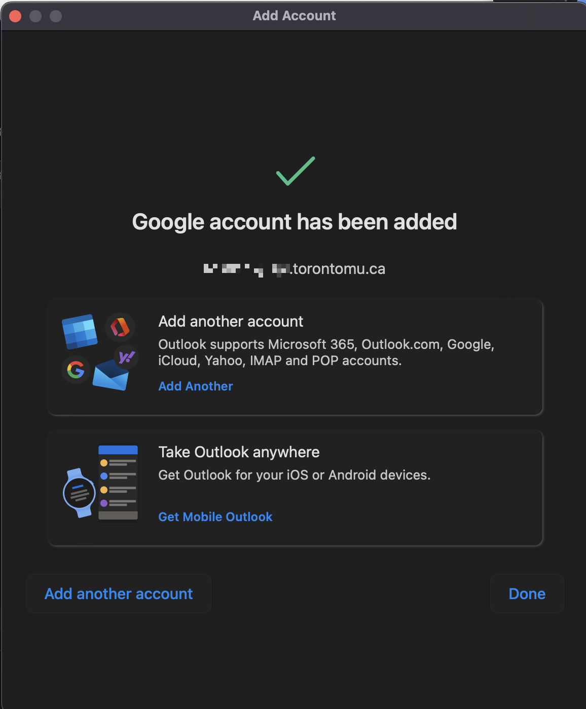 Google account has been added screen