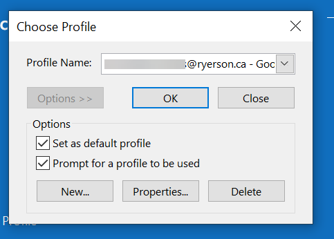 Microsoft Outlook choose a profile with options screen