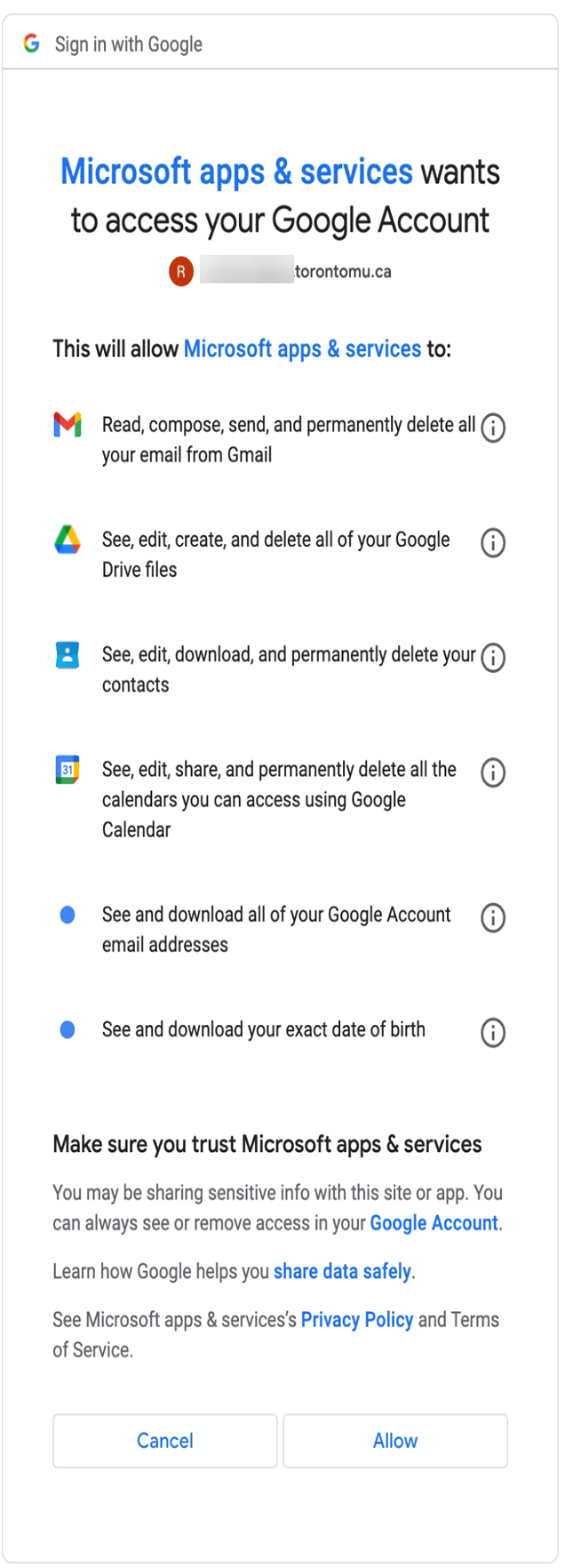 Microsoft apps & services wants to access your Google Account