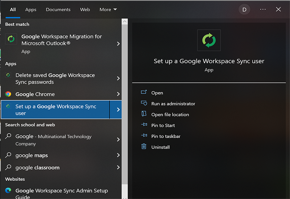 set up a Google Workspace Sync user