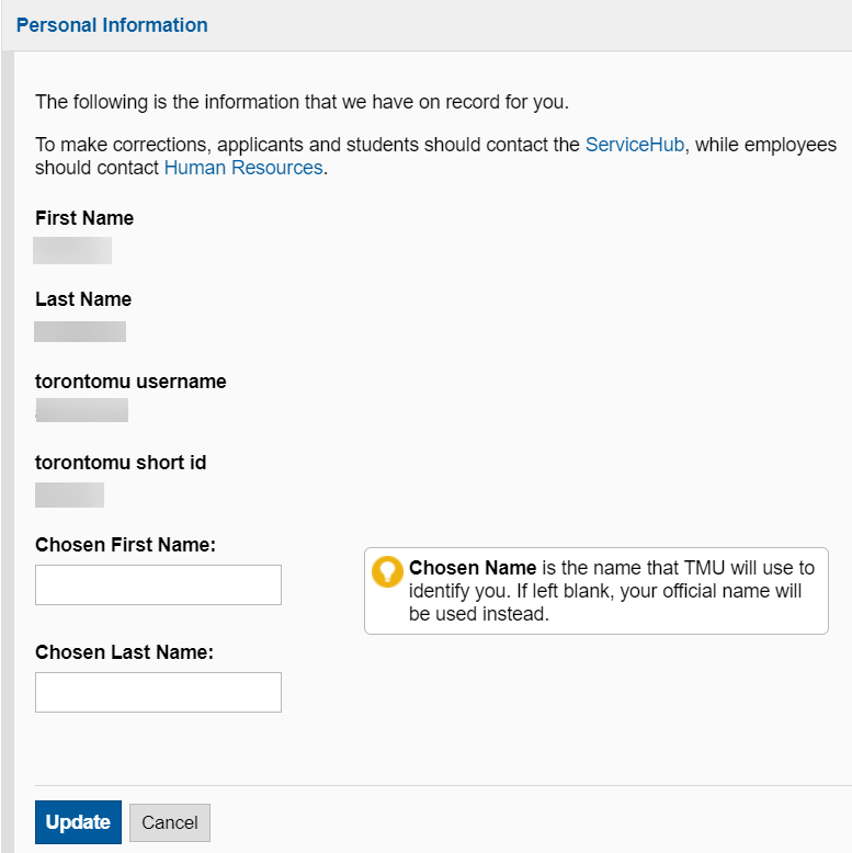 Updating personal information within Personal Account