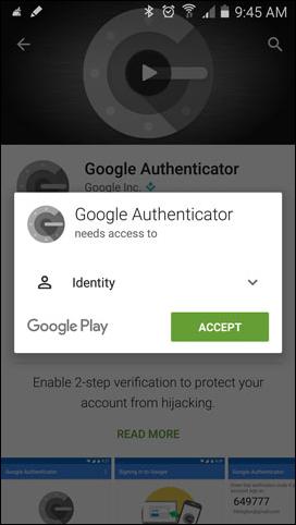 Google Authenticator App Confirmation popup. Accept & Download.