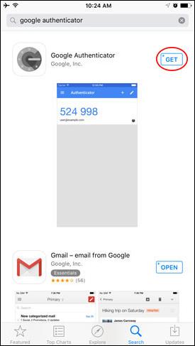 Google Authenticator app page on App Store. Tap on Get button.