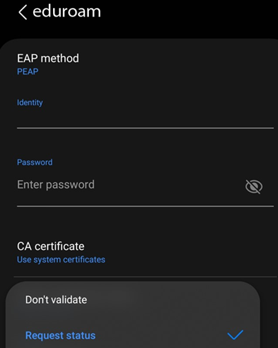Eduroam's request status option within online certificate status setting