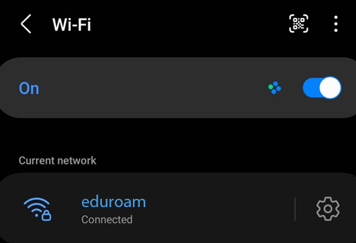 Wi-fi settings with eduroam network appearing as connected