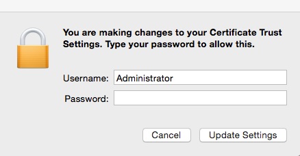 Enter your Mac's administrator username and password then select "Update Settings"