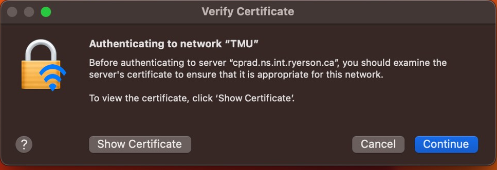 MAC OS wifi verify certificate screen