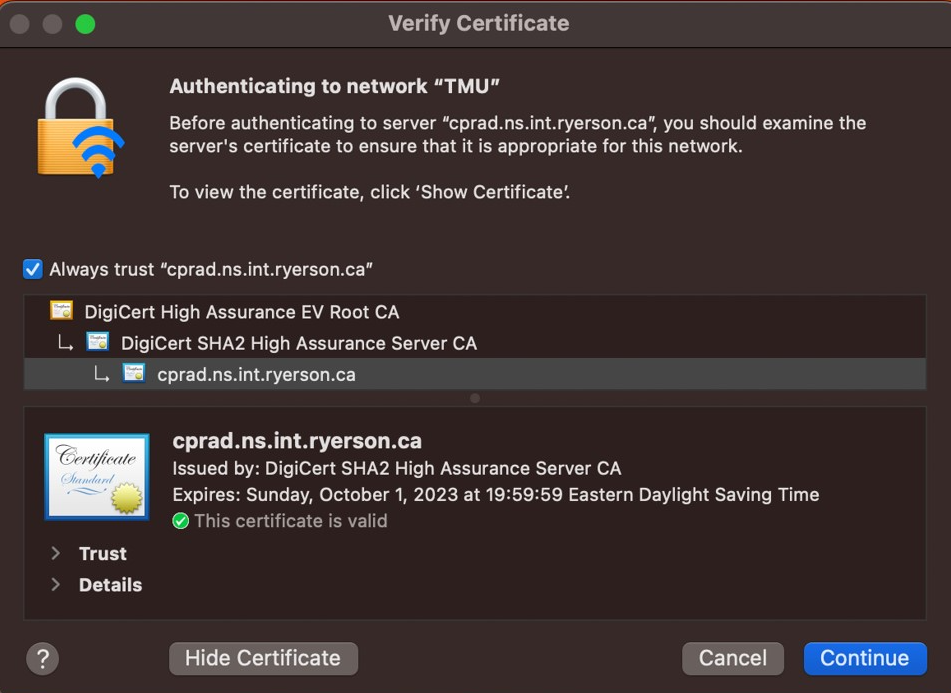 MAC OS wifi verify expanded certificate screen