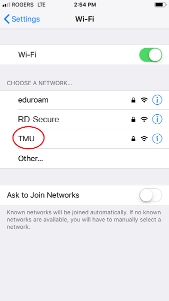 Ensure WiFi is switched to on. Then select TMU from the options below.