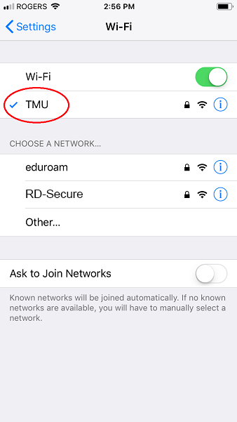 Check mark beside the TMU wireless network