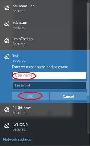 TMU Windows 10 credentials screen