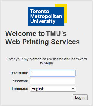 Ryerson's Web Print Home Page. English is selected for the language from the drop down box.