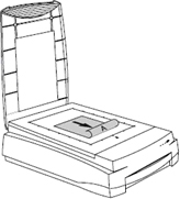 Diagram of scanner with lid raised. Item is face down and centered on scanner glass 