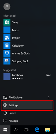 Windows 10 Start Menu. Settings is highlighted.
