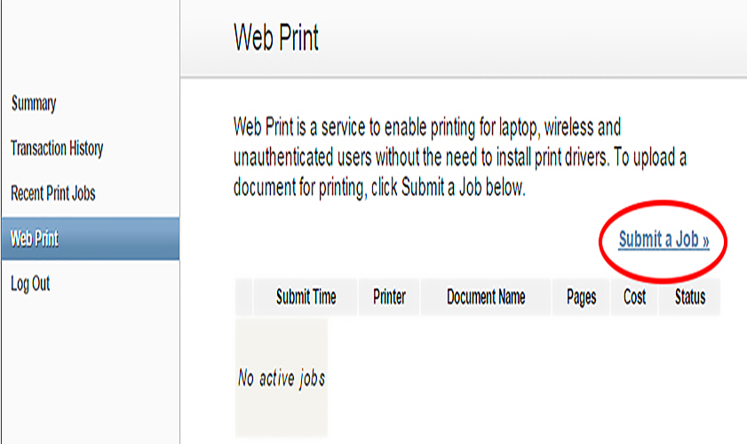 Web Print Job List Page. Submit a Job is highlighted.