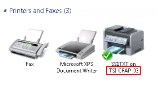 Devices and Printer Window. Printers and Faxes Section. The Printer server name before change is "SS1TXT on TSI-CFAP-03", where TSI-CFAP-03 is highlighted.