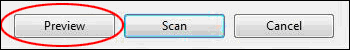 Preview pane button options, including Preview, Scan, and Cancel. Preview button is highlighted.