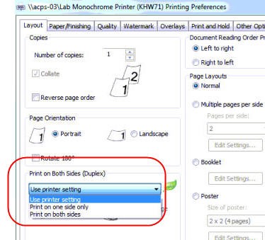 Printing Preferences window. "Print on Both Sides (Duplex)" is highlighted. From the drop-down list, "Use printer setting" is selected.