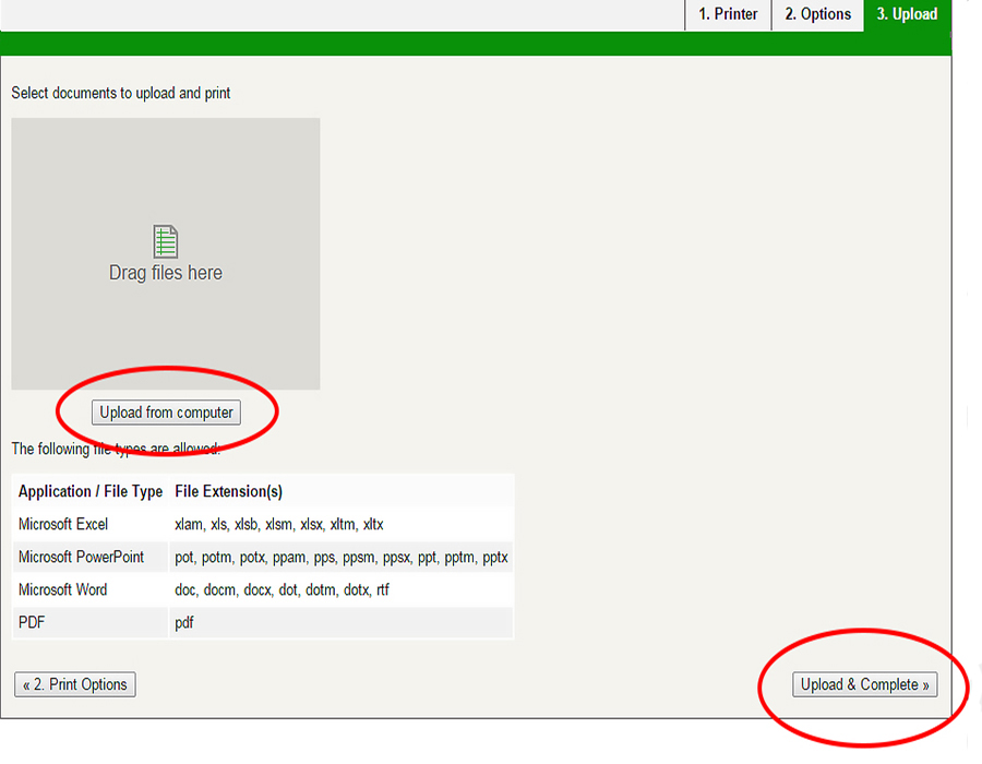 Web Print Module 3: Upload. Browse and Upload. Upload from computer button is highlighted. Upload & Complete button is highlighted.