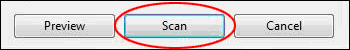 Preview pane button options, including Preview, Scan, and Cancel. Scan button is highlighted.
