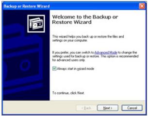 Backup or Restore Wizard window. Click Next.