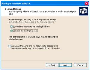 Backup options window with the 'Replace the existing backups' option selected.