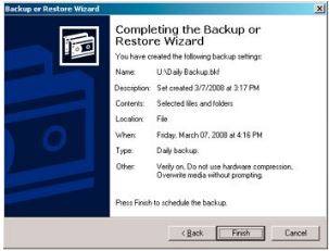 Completing the Backup or Restore Wizard window with Finish selected.