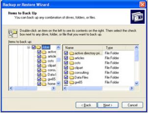 Items to Back Up window. Select all the folders that you wish to backup.