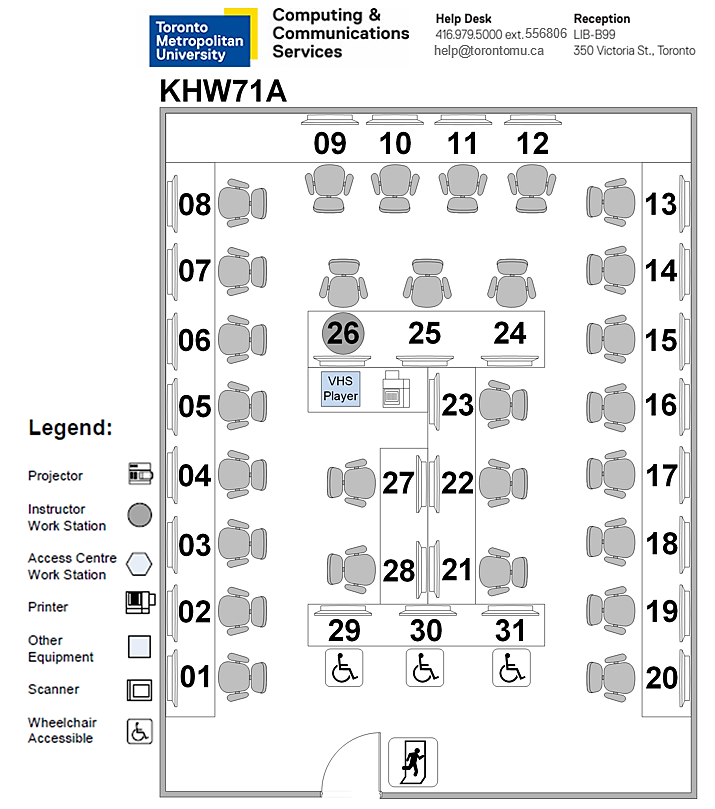 KHW71A has 31 workstations which includes an instructor station, projector, VHS player, as well as 3 wheelchair accessible stations.