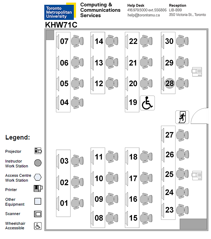 KHW71C has 30 workstations which includes an instructor station, projector and 1 wheelchair accessible station.