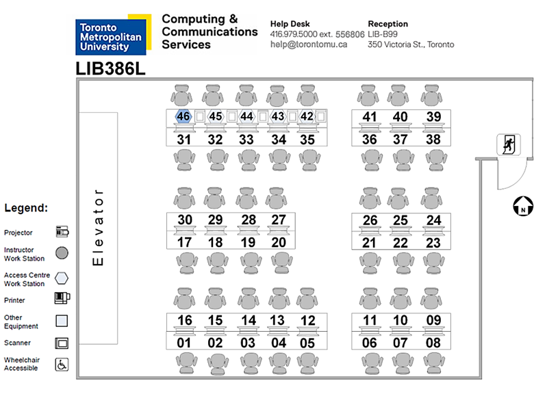 LIB386L has 46 workstations which includes 5 Access Center stations.