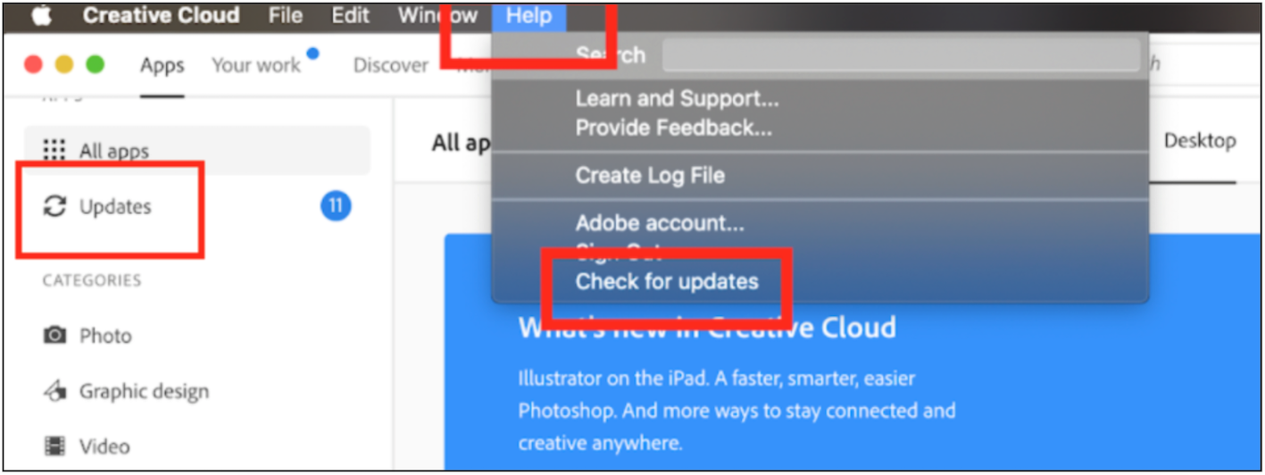The screen presents the process to update the Adobe Desktop Application. The Help drop down menu at the top of the screen displays the Check for updates option. The Apps panel on the left side of the screen again highlights the Updates option. 