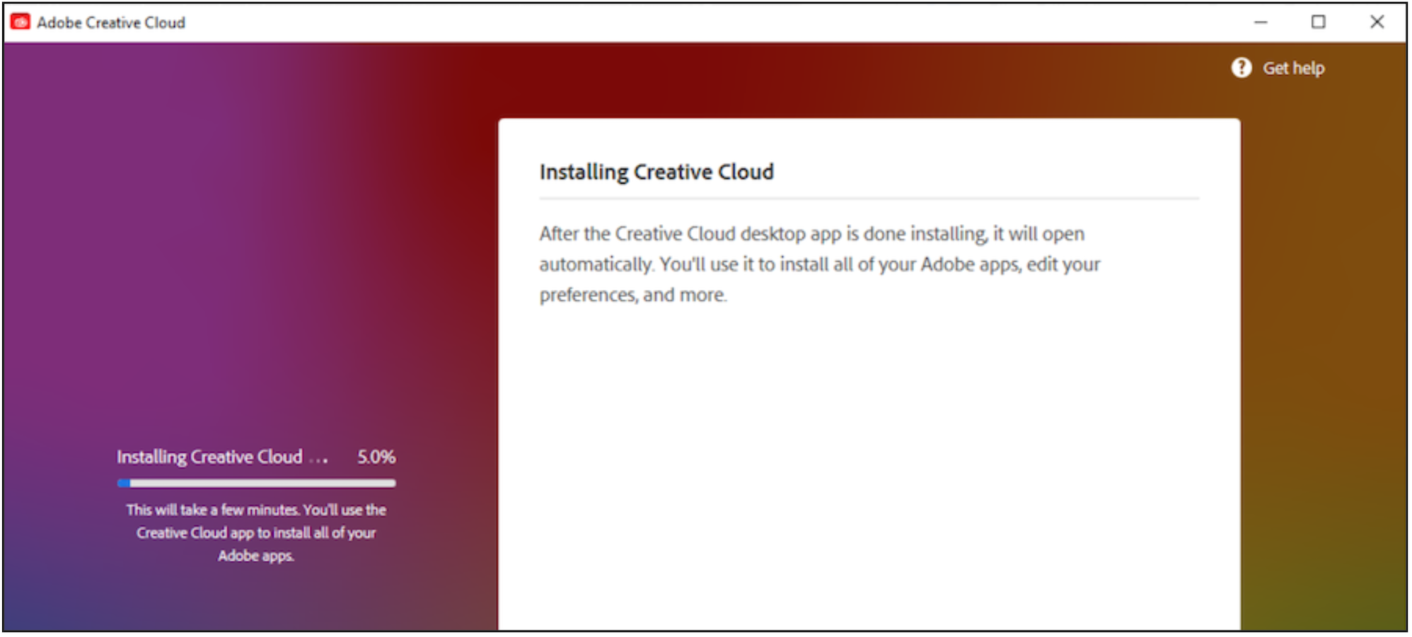 An Adobe Creative Cloud pop up screen displays the installing process for the Adobe desktop application.