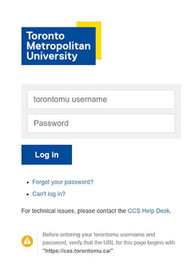 my.torontomu user authentication page. Enter your credentials and click Log in.