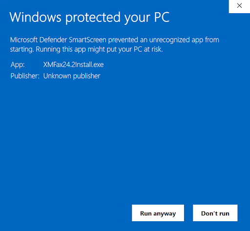 Xmedius Fax unknown publisher screen