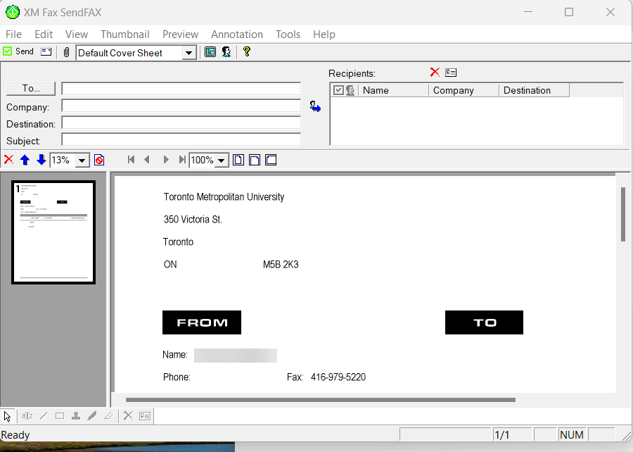 XM Fax's SendFax interface