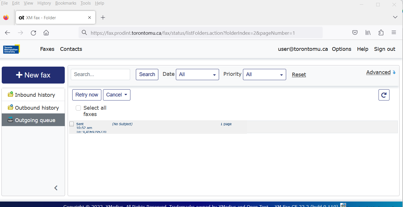 Web interface of XM Fax's Outgoing queue