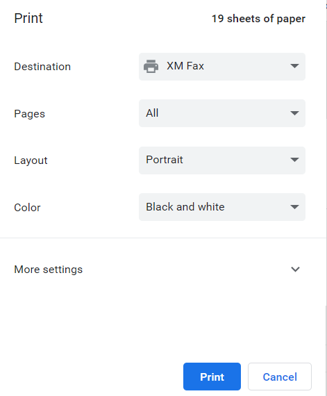 Application's Print menu with XM Fax selected as Destination