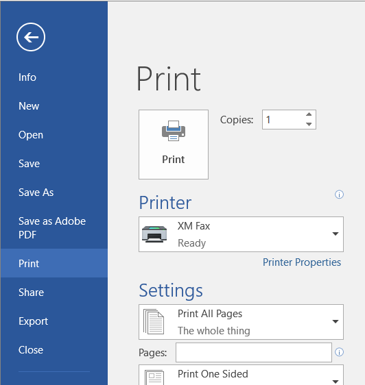 XM Fax with Ready status in Print application menu