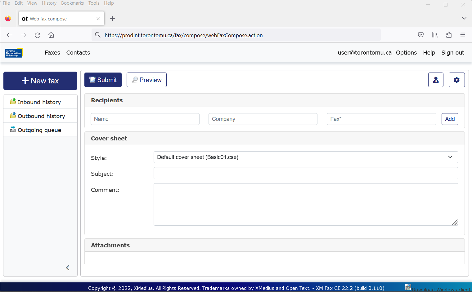 Web version of XM Fax's Compose option