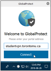 At the GlobalProtect Welcome window enter the Portal address "net.ryerson.ca" and click Continue.