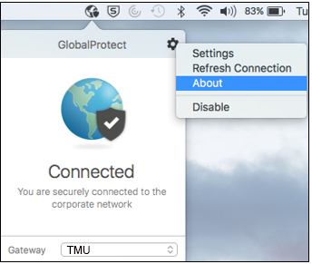 GlobalProtect settings menu with 'About' highlighted