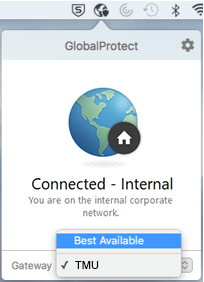 GlobalProtect internal connection with 'Best Available' highlighted as a gateway option