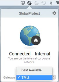 GlobalProtect internal connection with 'TMU' highlighted as a gateway.