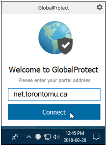 At the GlobalProtect Welcome window enter the Portal address "net.torontomu.ca" and click Continue.